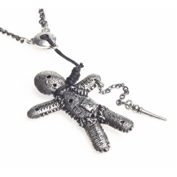 Voodoo Doll Pendant – Alchemy Gothic Pewter Charm w/ Button Eyes & Stitch Detail - Picture 2 of 6